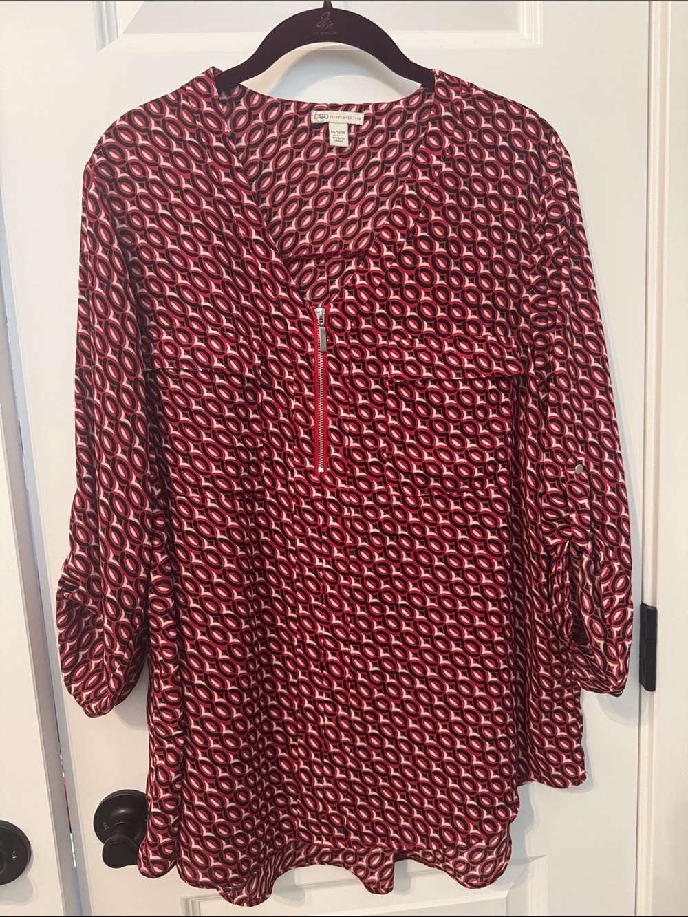 Cato Red and Black Geometric Zip-Front Top